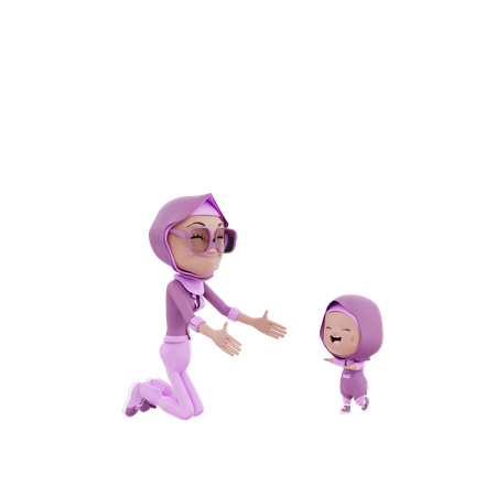 Muslim Mother spreading her arm toward kid  3D Illustration