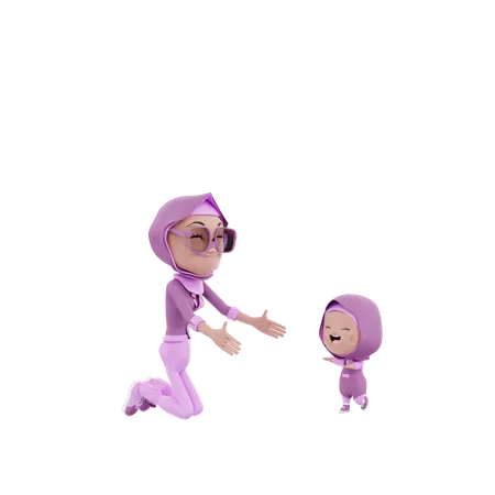 Muslim Mother spreading her arm toward kid  3D Illustration