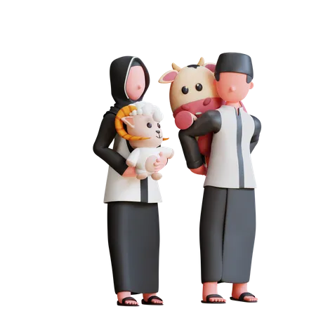 Muslim People doing Cow and sheep baby care  3D Illustration