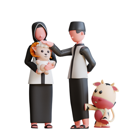 Muslim People doing Cow and sheep baby care  3D Illustration