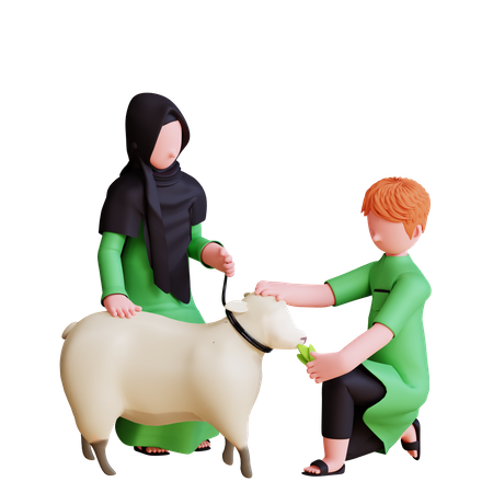 Muslim people giving grass to sheep  3D Icon