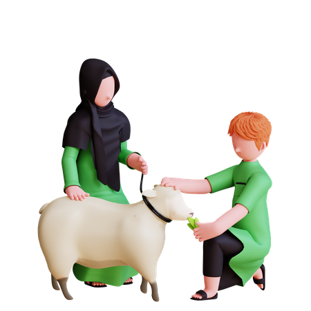 Muslim people giving grass to sheep  3D Illustration