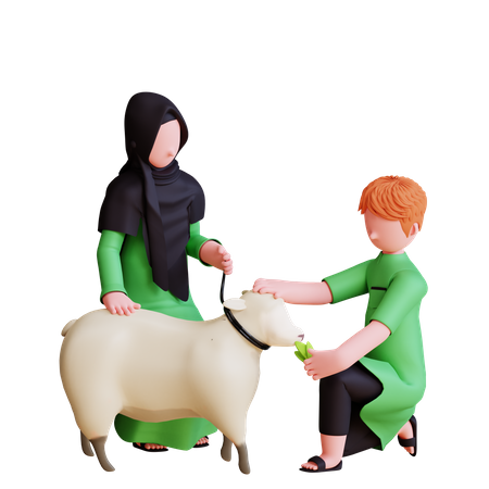 Muslim people giving grass to sheep 3D Illustration