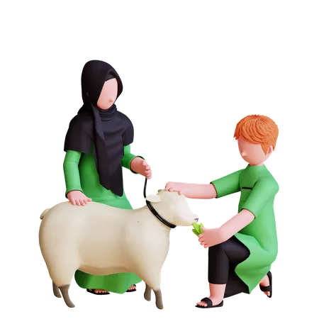 Muslim people giving grass to sheep  3D Illustration