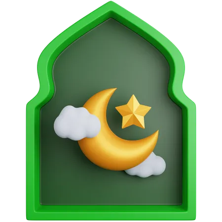 3 D Rendering Muslim Window Ornament With A Crescent Moon Isolated 3D Icon