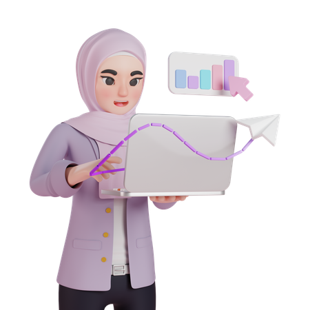 Muslim Woman Analyzing Data On Laptop  3D Illustration