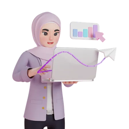 Muslim Woman Analyzing Data On Laptop  3D Illustration