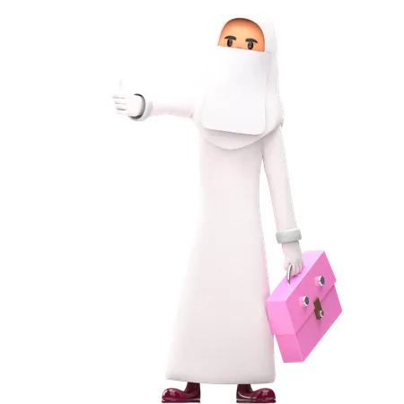Muslim Woman Carrying Briefcase And Showing Thumb Up  3D Illustration