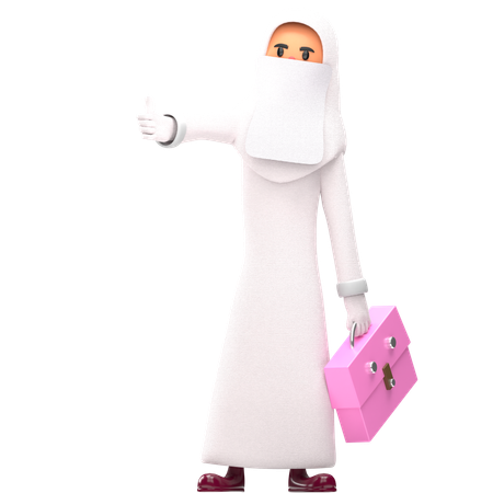 Muslim Woman Carrying Briefcase And Showing Thumb Up  3D Icon