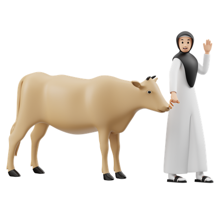 Muslim Woman Carrying Cow  3D Illustration