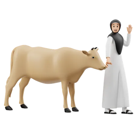 Muslim Woman Carrying Cow  3D Illustration