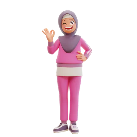 Young Muslim Woman Sporty Show Hand With Ok Symbol 3 D Cartoon Illustration 3D Illustration
