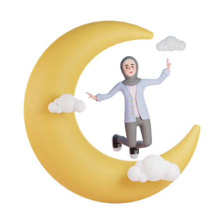 Muslim woman flying on crescent moon  3D Illustration