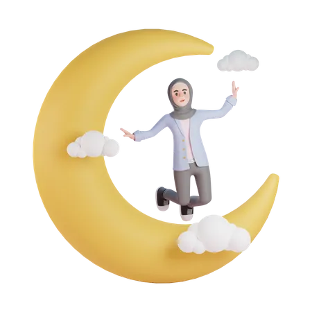 Muslim woman flying on crescent moon  3D Illustration