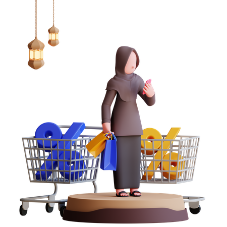 Muslim woman getting discount on Ramadan 3D Illustration