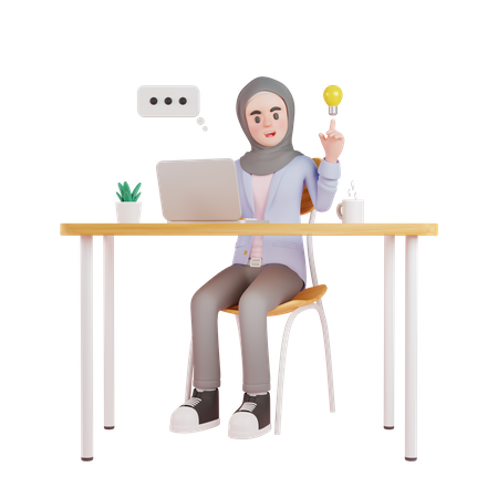 Muslim woman having idea while working on laptop  3D Illustration
