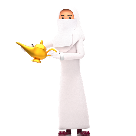 Muslim Woman Holding Aladdin Pot  3D Illustration