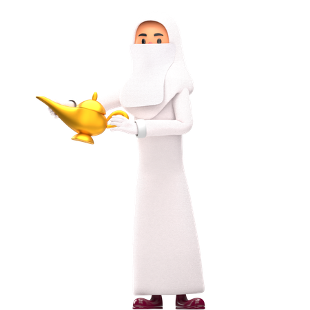 Muslim Woman Holding Aladdin Pot  3D Icon