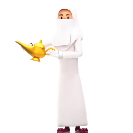 Muslim Woman Holding Aladdin Pot  3D Illustration