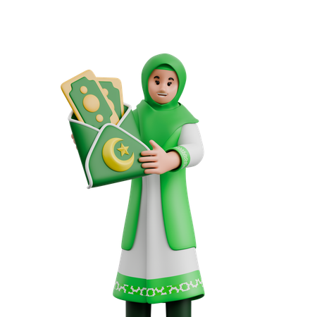 Muslim Woman Holding Gifts Money  3D Illustration