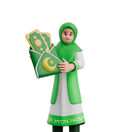 Muslim Woman Holding Gifts Money  3D Illustration