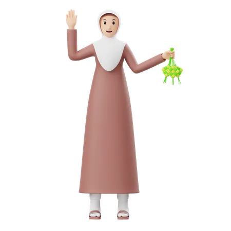 Muslim Woman Holding Ketupat  3D Illustration