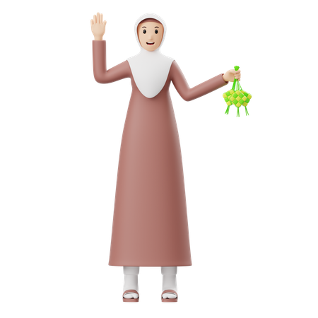 Muslim Woman Holding Ketupat  3D Illustration