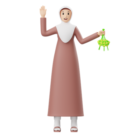 Muslim Woman Holding Ketupat  3D Illustration