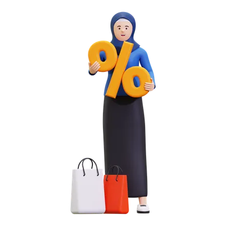 Muslim Woman Holding Percentage  3D Illustration