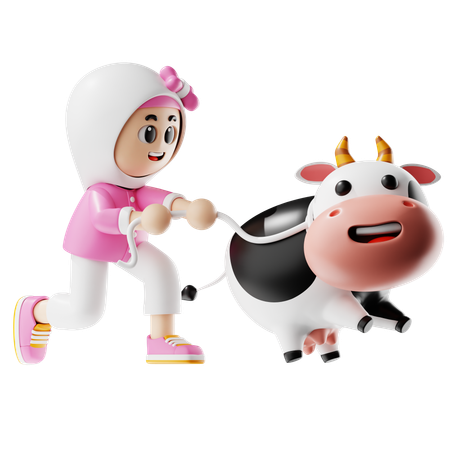 Muslim Woman Holds Cows Tail  3D Illustration