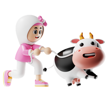 Muslim Woman Holds Cows Tail  3D Illustration