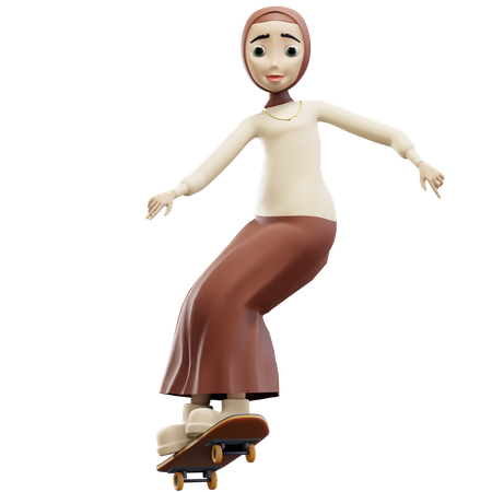 Muslim woman riding skateboarding  3D Illustration