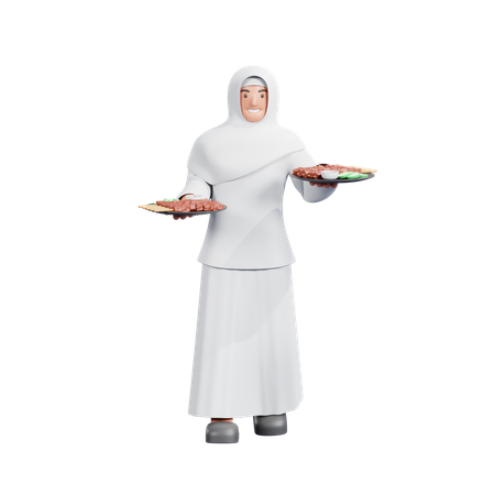 Muslim Woman Share Satay  3D Illustration