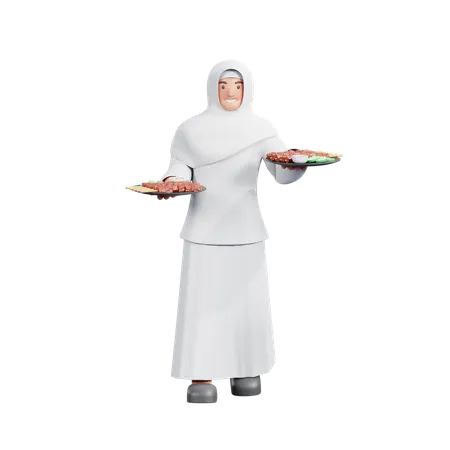 Muslim Woman Share Satay  3D Illustration