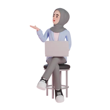 Muslim woman sitting and presenting with laptop  3D Illustration