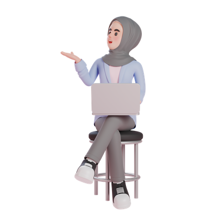 Muslim woman sitting and presenting with laptop  3D Illustration
