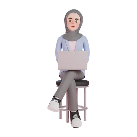 Muslim woman sitting and working on laptop  3D Illustration