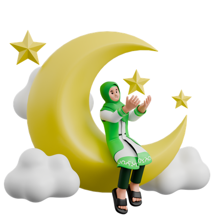 Muslim Woman Sitting At Moon  3D Illustration