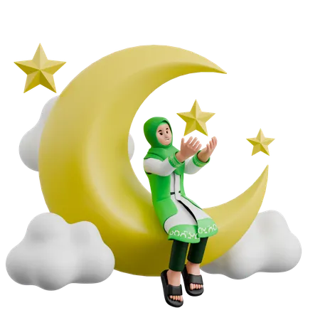 Muslim Woman Sitting At Moon  3D Illustration
