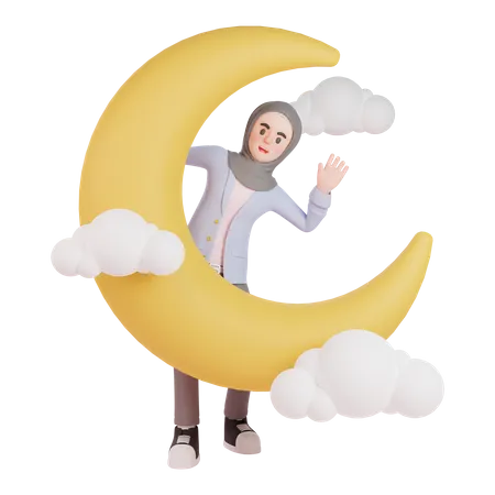 Muslim woman standing beside crescent moon to welcome ramadan  3D Illustration