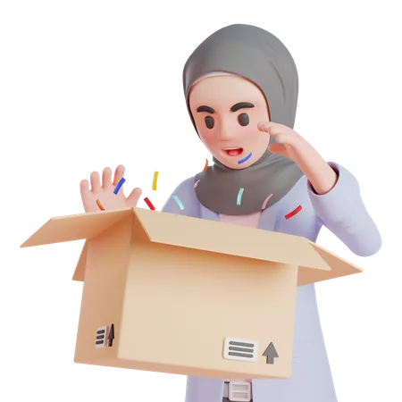 Muslim woman surprised while opening box package  3D Illustration