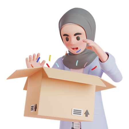Muslim woman surprised while opening box package  3D Illustration