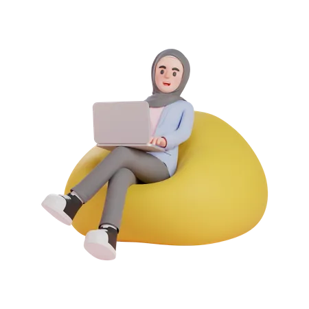 Muslim woman using laptop on beanbag  3D Illustration