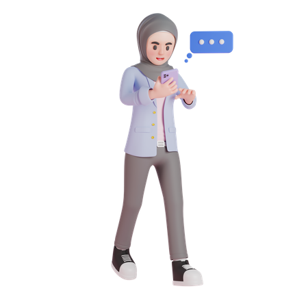 Muslim woman walking and chatting with smartphone  3D Illustration