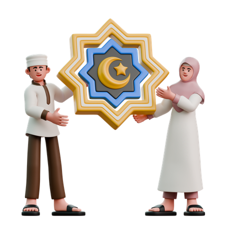 Muslime in der Festtagsdekoration zum Eid Fitr  3D Illustration