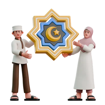 Muslime in der Festtagsdekoration zum Eid Fitr  3D Illustration