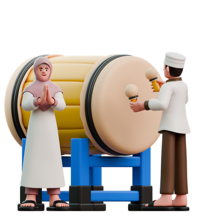 Muslime schlagen am Fest Eid Fitr die Trommel  3D Illustration