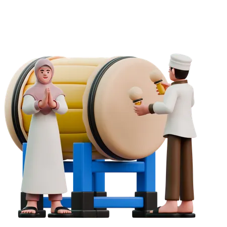 Muslime schlagen am Fest Eid Fitr die Trommel  3D Illustration