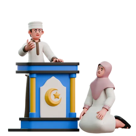 Muslime hören sich am Eid Fitr die Predigt an  3D Illustration