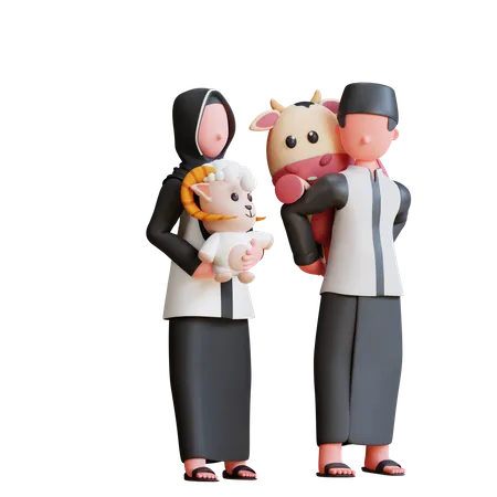 Muslime kümmern sich um die Babys von Kühen und Schafen  3D Illustration